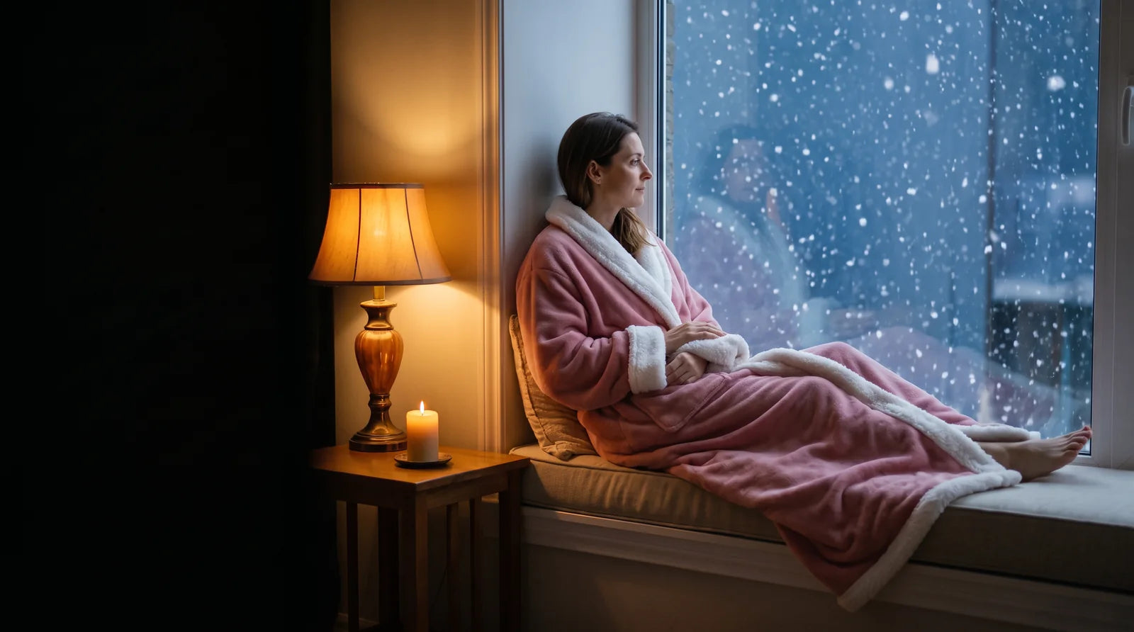 Woman in a pink Hugwarm on a window seat at night while snow falls outside