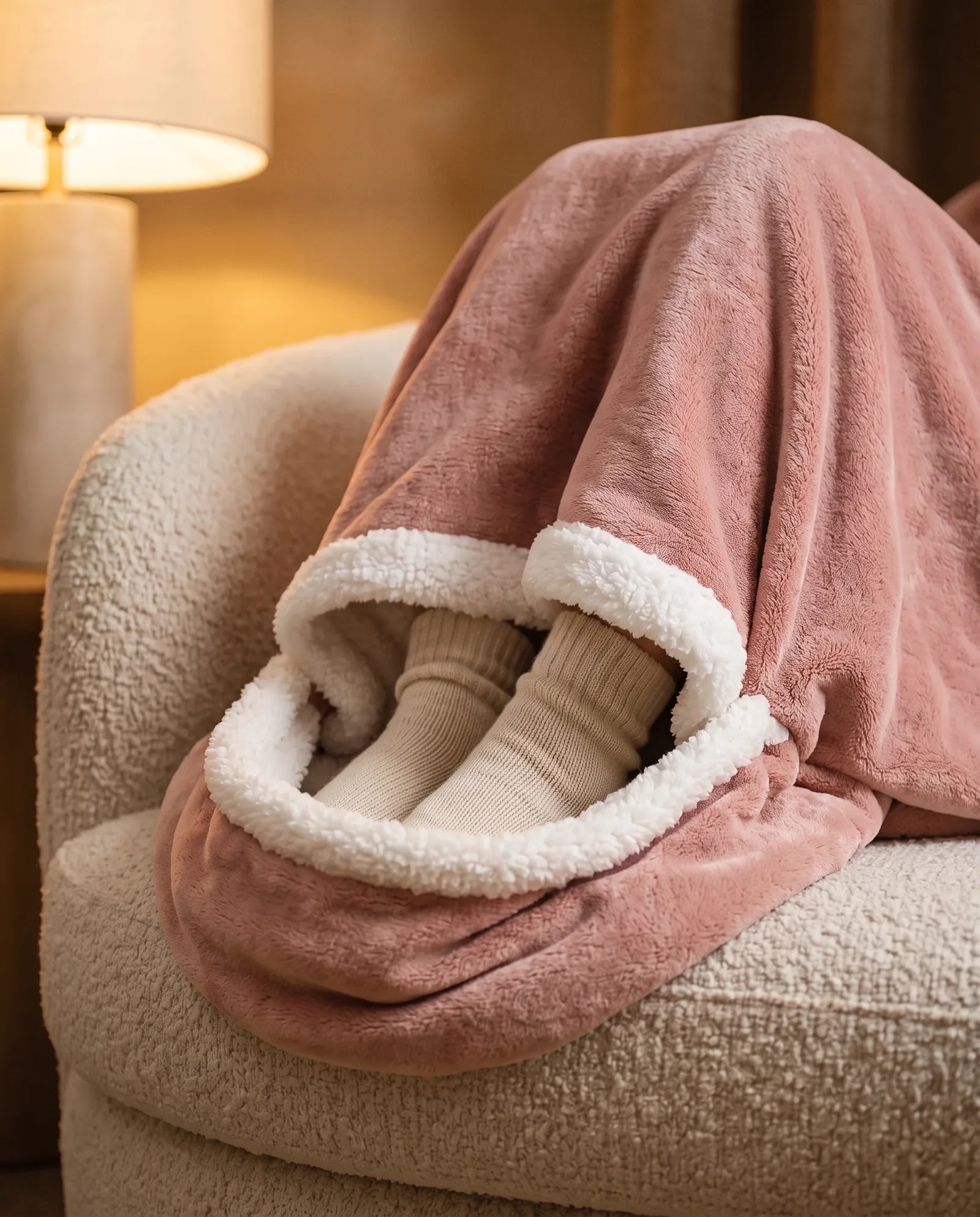 Feet in wool socks tucked under the sherpa hem