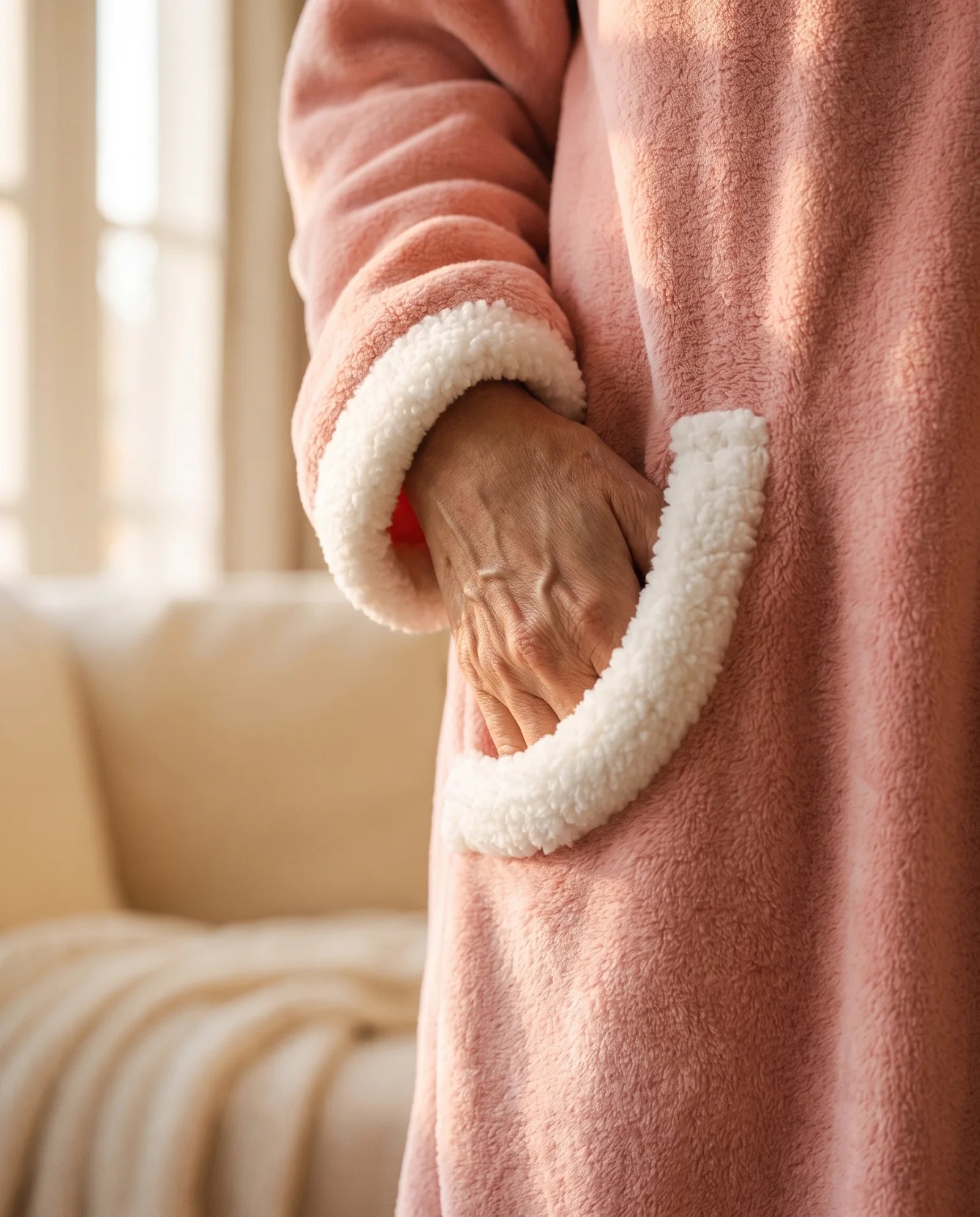 Hands sliding into the sherpa-trimmed pockets of the pink Hugwarm