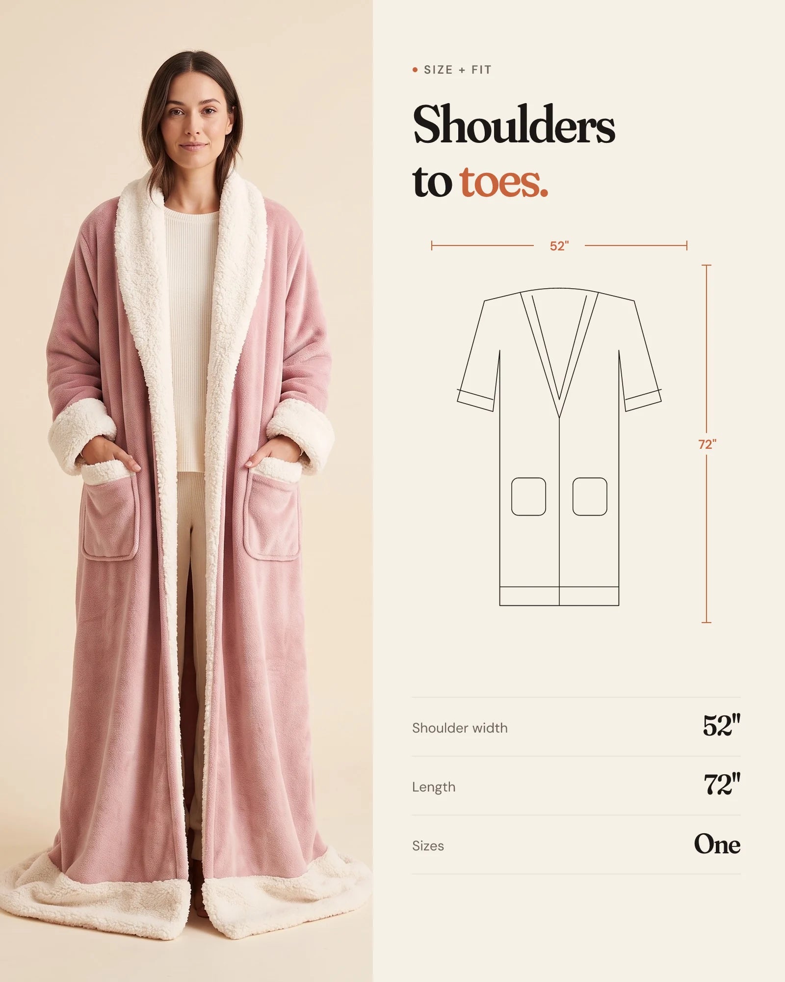 Size and fit: 52 inch shoulder width, 72 inch length, one size