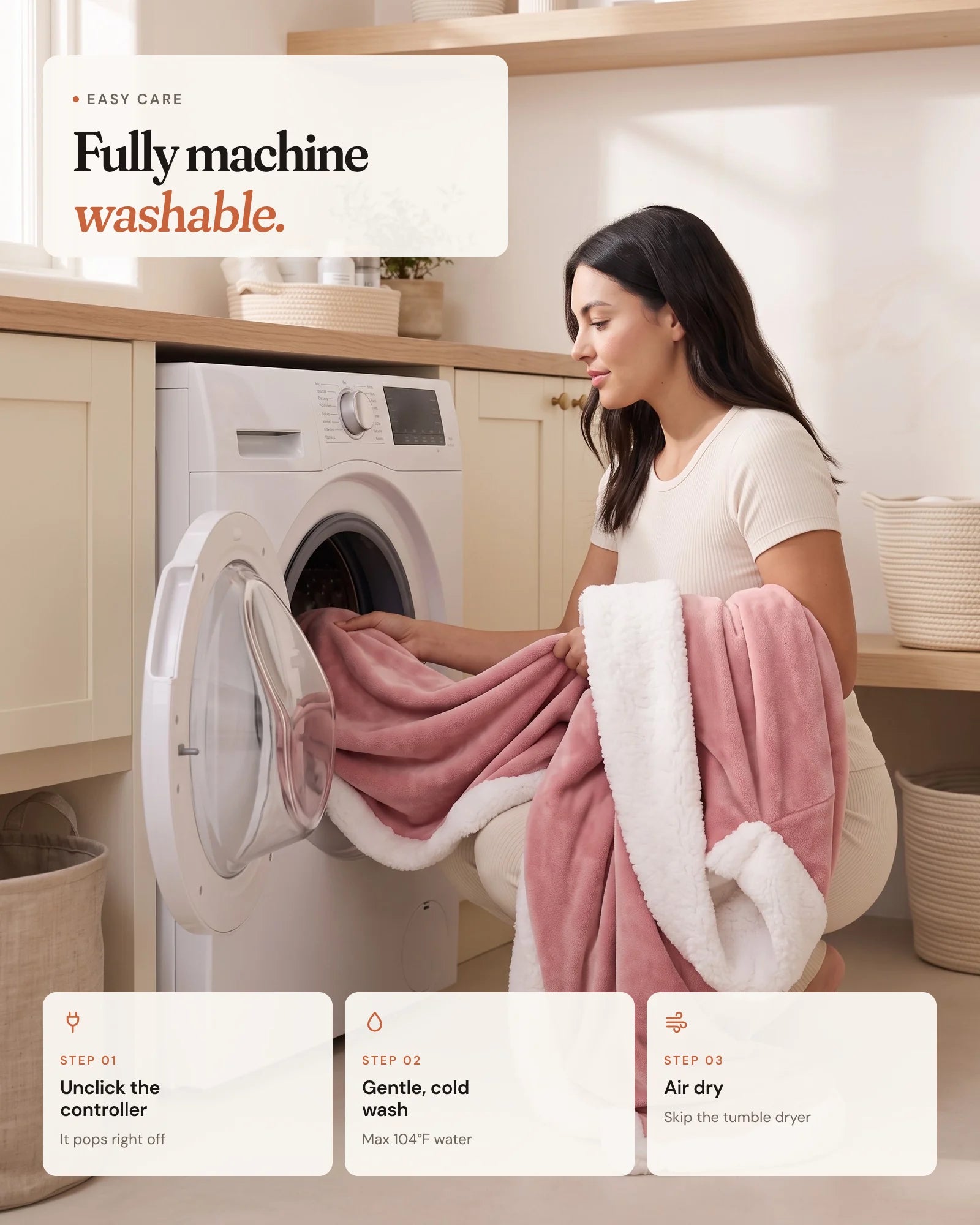 Fully machine washable: unclick the controller, gentle cold wash, air dry